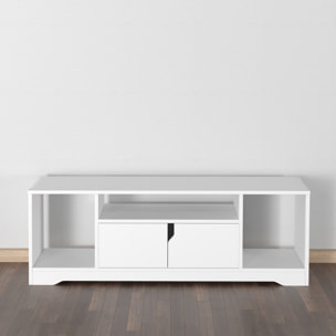 Meuble TV banc TV design contemporain - 3 niches, placard double porte - dim. 120L x 30l x 41H cm - panneaux particules blanc