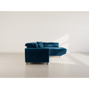 Baoji - Canapé d'angle droit 5 places convertible avec têtières et coffre en velours côtelé - Bleu