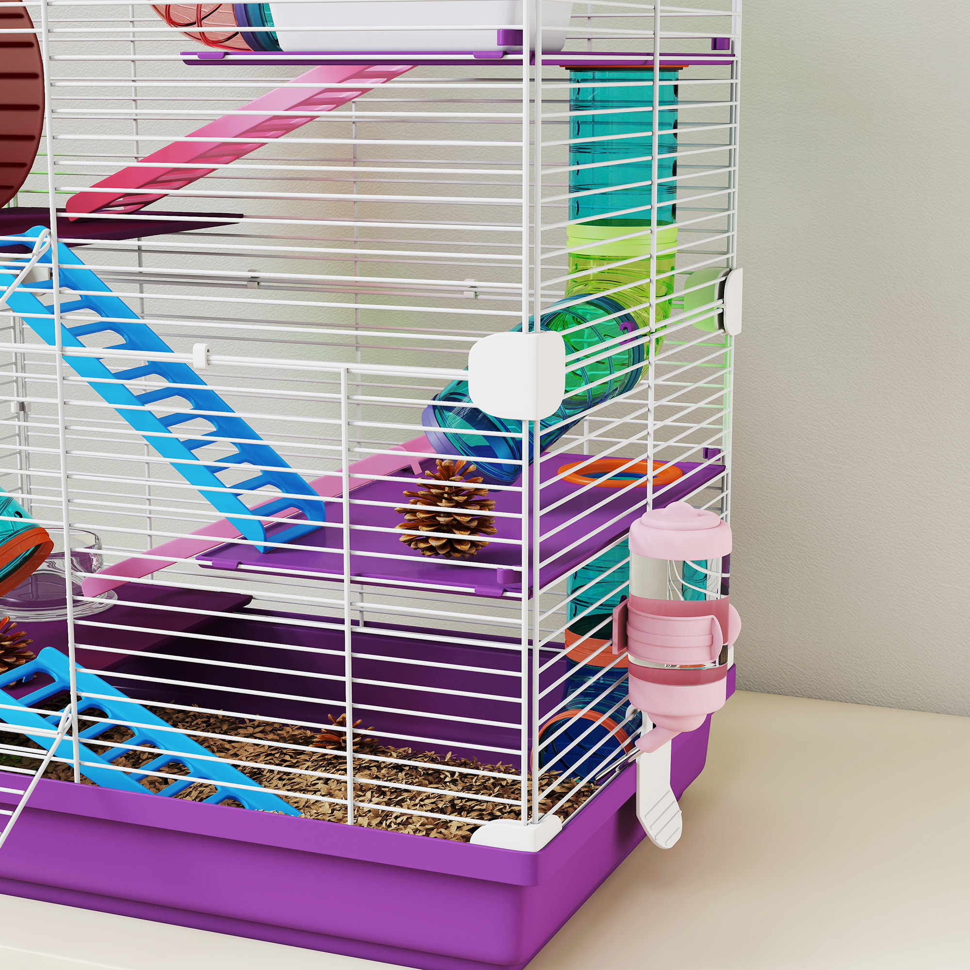 Cage pour hamster souris rongeur 4 étages avec tunnels mangeoire roue maison échelles dim. 46L x 30l x 58H cm violet