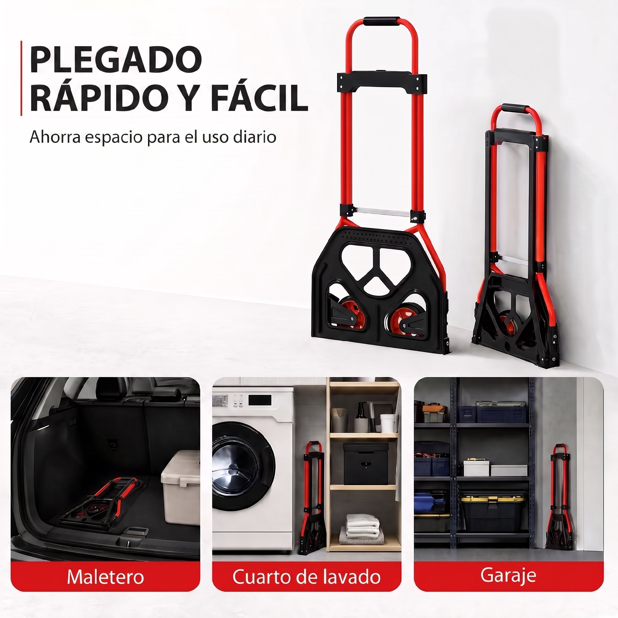 Carretilla Plegable con Mango Telescópico Ajustable, Carga 60 kg, Carretilla de Mano con Ruedas, para Garaje, Oficina, Equipaje, Viajes, Mudanzas y Compras, Rojo