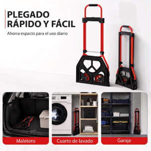Carretilla Plegable con Mango Telescópico Ajustable, Carga 60 kg, Carretilla de Mano con Ruedas, para Garaje, Oficina, Equipaje, Viajes, Mudanzas y Compras, Rojo