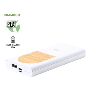 Power Bank Inalámbrico 15W anture bambú. 8000 mAh. 1 Salida USB y 1 Tipo C. Entrada Micro USB y Tipo C