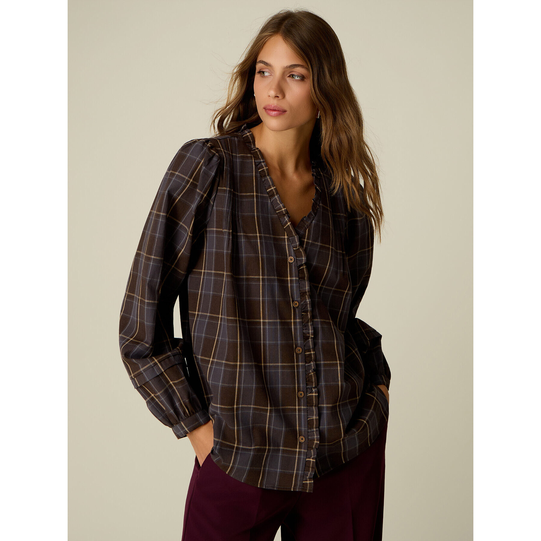 Oltre - Camicia check misto cotone con rouche - Marrone