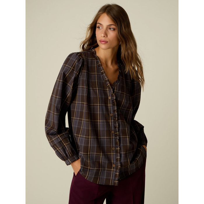 Oltre - Camicia check misto cotone con rouche - Marrone