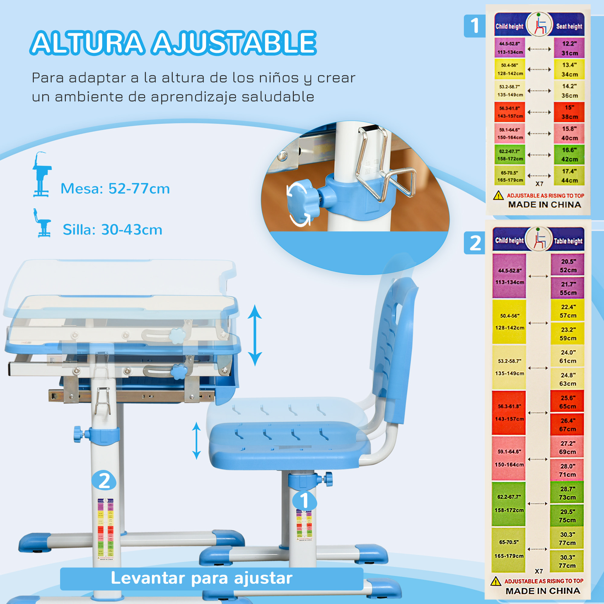 Pupitre Infantil 2 en 1 Juego de Escritorio y Silla para Niños de +6 Años con Altura Ajustable Mesa Regulable en ángulo y Bandeja Deslizante 66x47x77 cm Azul