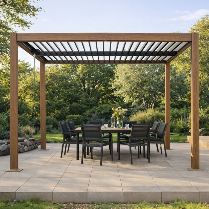 Pergola bioclimatique structure aluminium effet bois lames orientables 3x3m MILL