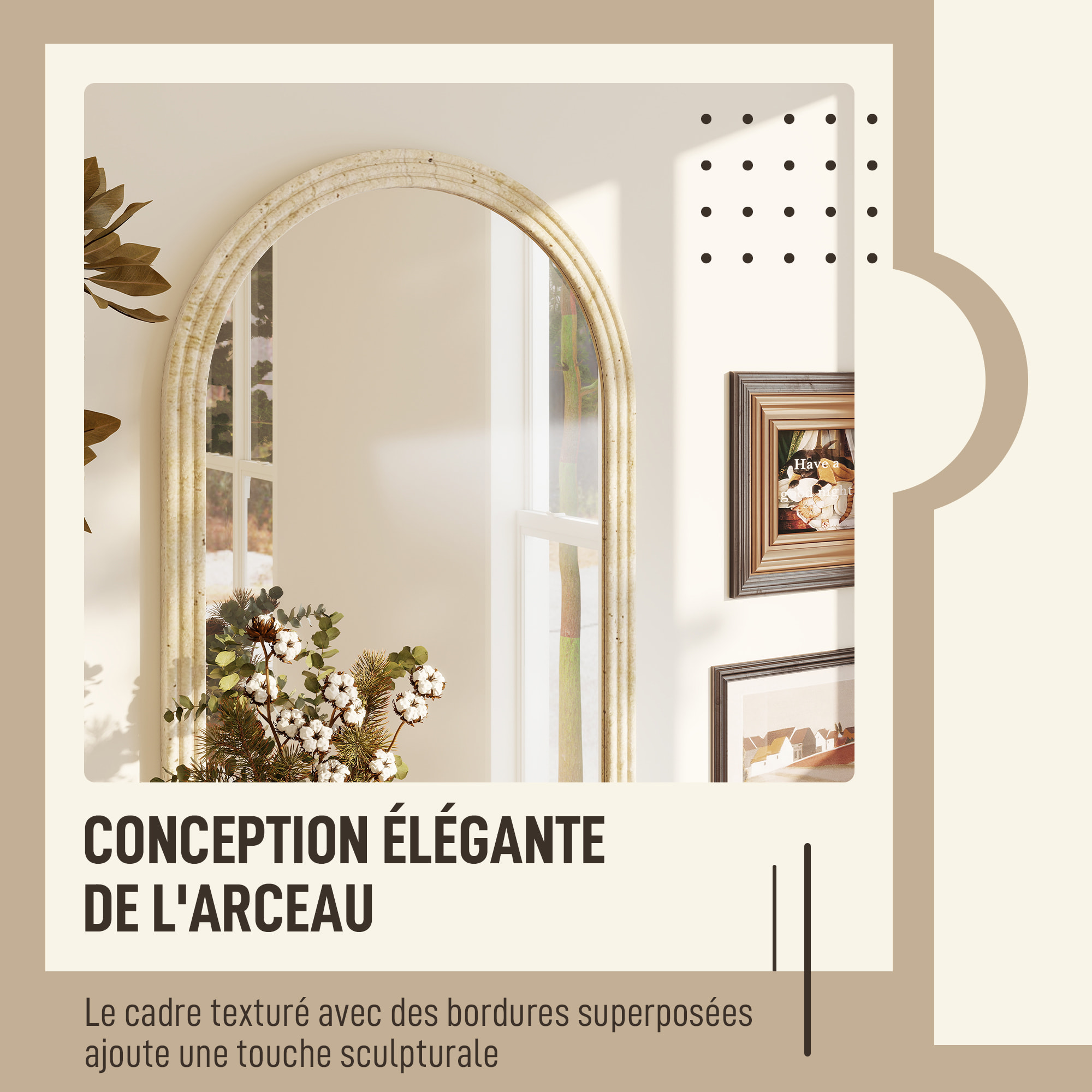 Miroir arche mural design effet pierre clair dim. 50 x 70 cm