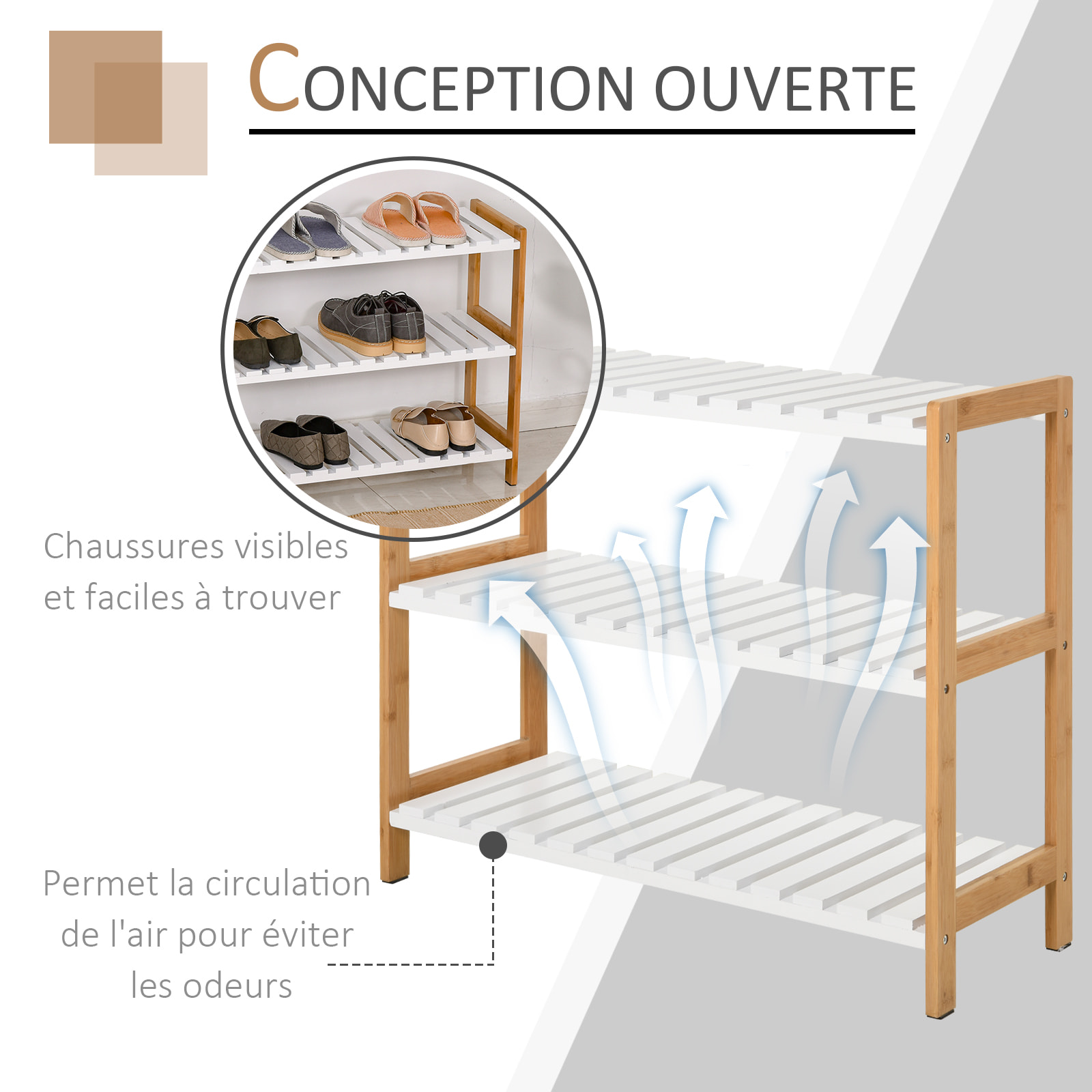 Etagère à chaussures, étagère de rangement, meuble chaussures 3 niveaux bambou MDF blanc