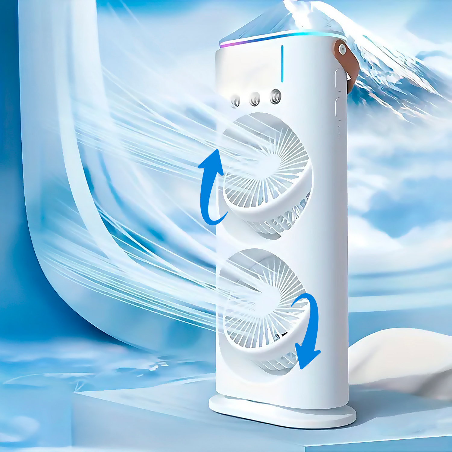 Ventilador de sobremesa F18. Con luz RGB de doble cabezal, función de nebulización, 3 velocidades, oscilación de 90° y batería recargable. Incluye control remoto.