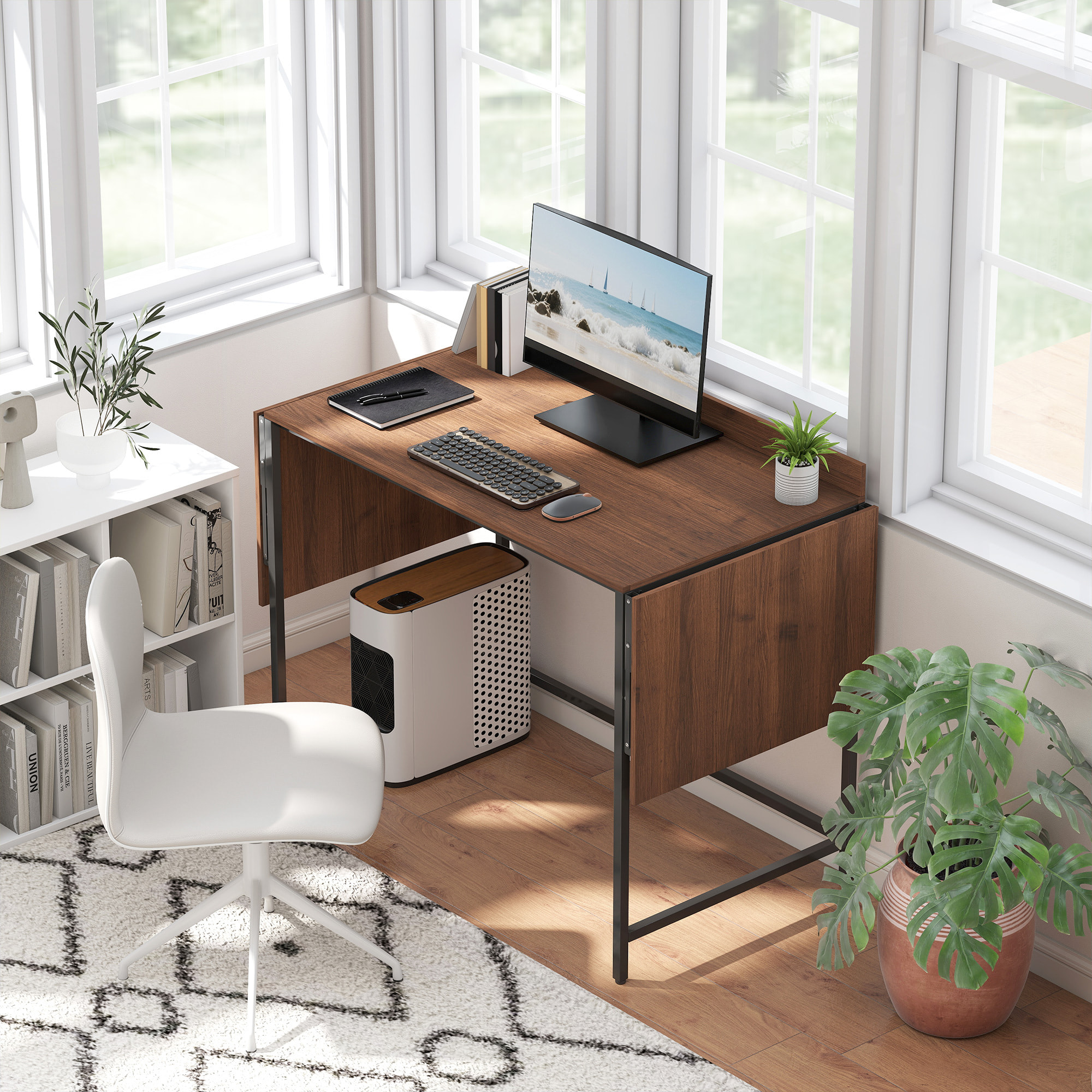 Bureau pliable bureau pliant 2 rallonges rebord plateau arrière métal noir effet bois noyer