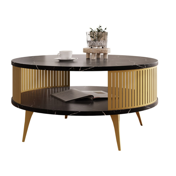 Forini - table basse ronde - effet marbre noir et doré - 1 niche - 75 cm - Noir / Doré