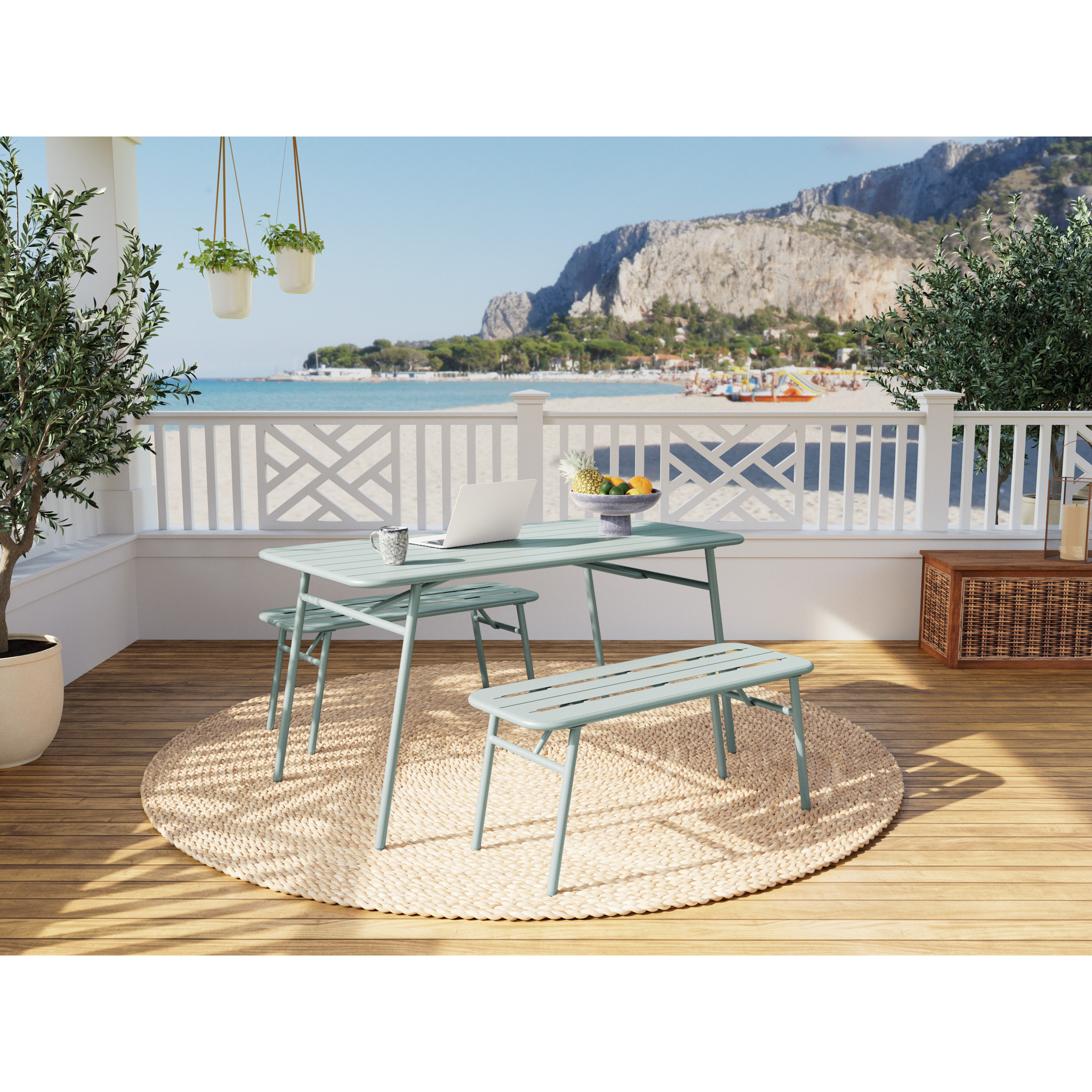 Ribola - ensemble table et bancs de jardin - 4 personnes - vert - Vert