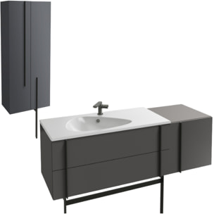 Meuble vasque 145 cm Nouvelle Vague gris brillant + tiroir rack + colonne 2 portes + pied