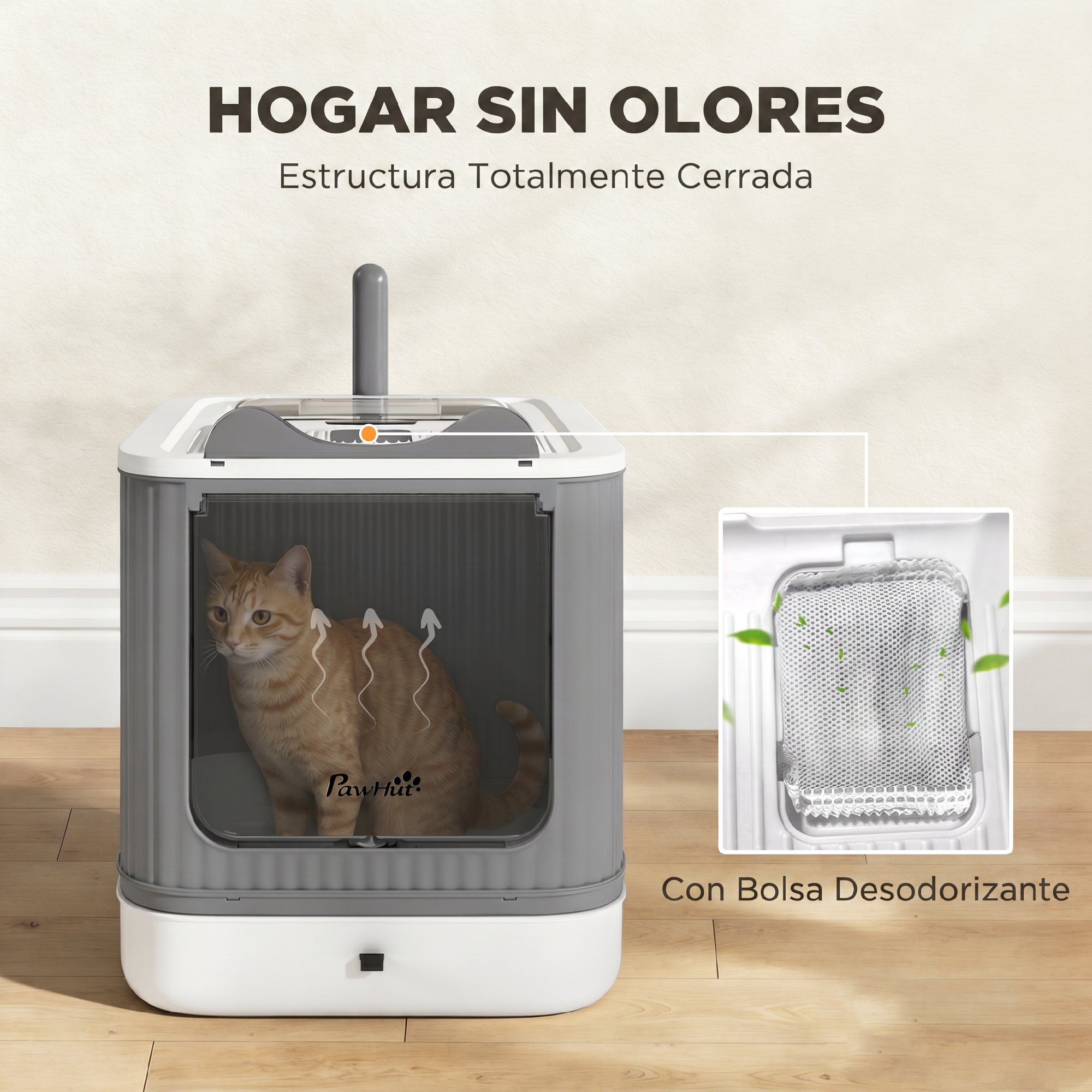 Arenero para Gatos Cubierto M, Caja de Arena para Gatos Medianos, Arenero con Tapa Abatible, Entrada Frontal, Salida Superior, Pala, Bolsas Desodorantes, Fácil de Limpiar, Antifugas, Blanco