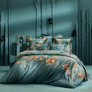 Drap housse b35 satin de coton 115 g/m² imprimé orange vert Roses d'automne vert anglais