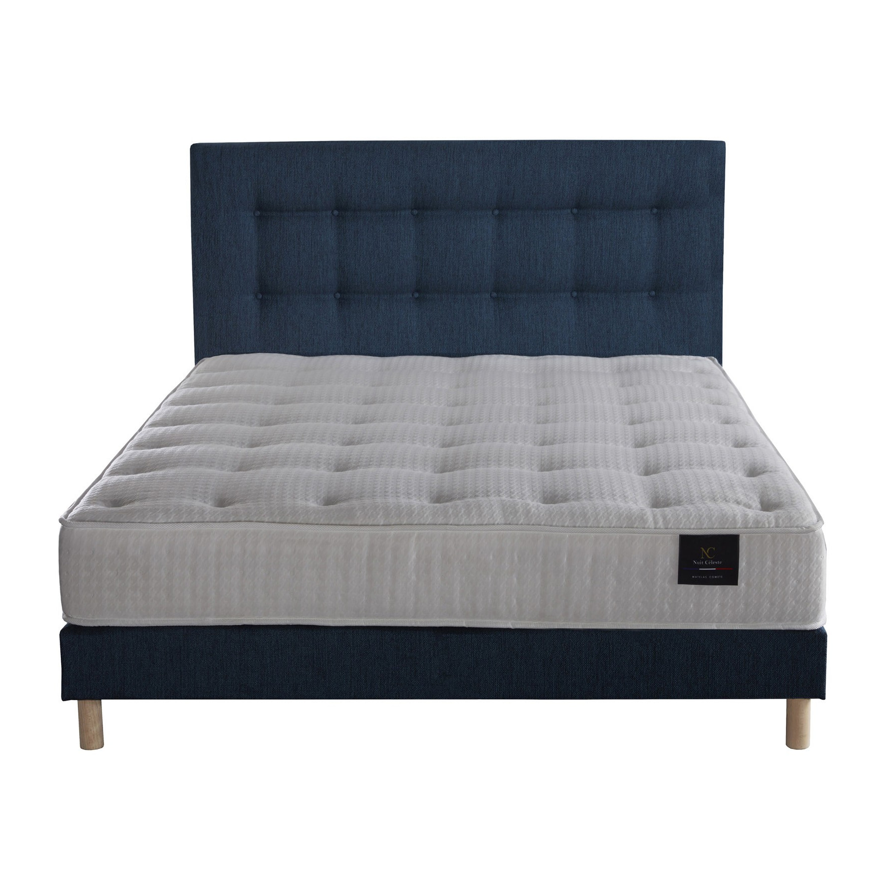 Ensemble Nova + tête de lit capitonnée - Matelas ressorts ensachés Mémoire de forme - Sommier Bleu Marine