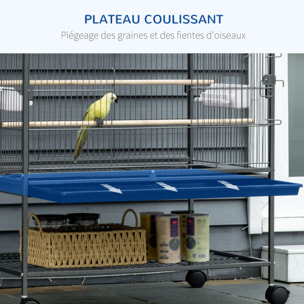 Cage oiseau mobile dim. 78x52x132cm - 4 perchoirs, mangeoires, plateau déjection, étagère - acier époxy gris moucheté