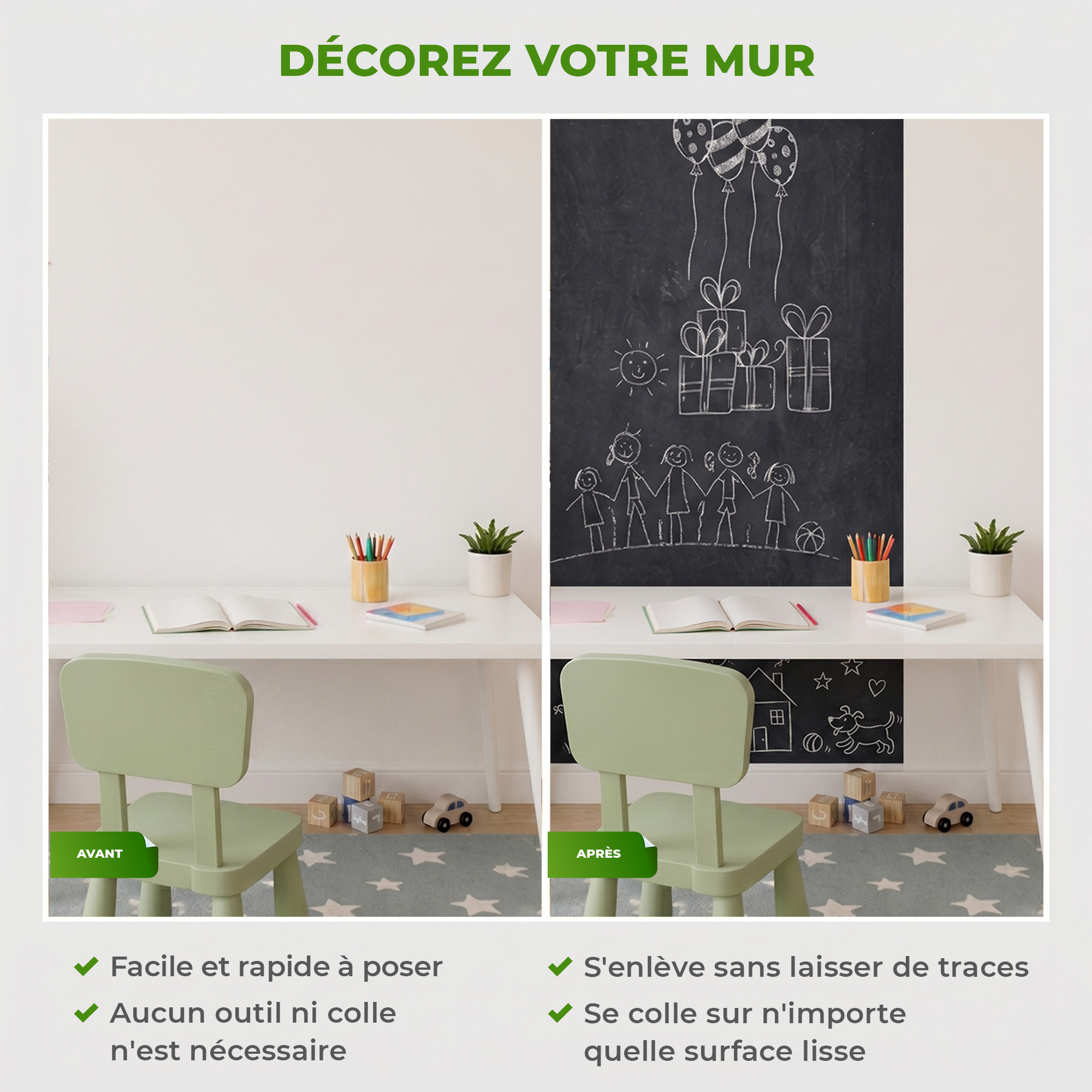 Sticker ardoise tableau noir - stickers muraux adhésif effaçable - ARDOISE GÉANTE 200X60 CM ET 4 CRAIES LIQUIDES