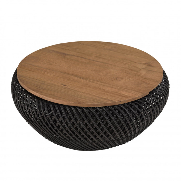 ALIDA - Table basse ronde 65x65cm en rotin noir plateau amovible