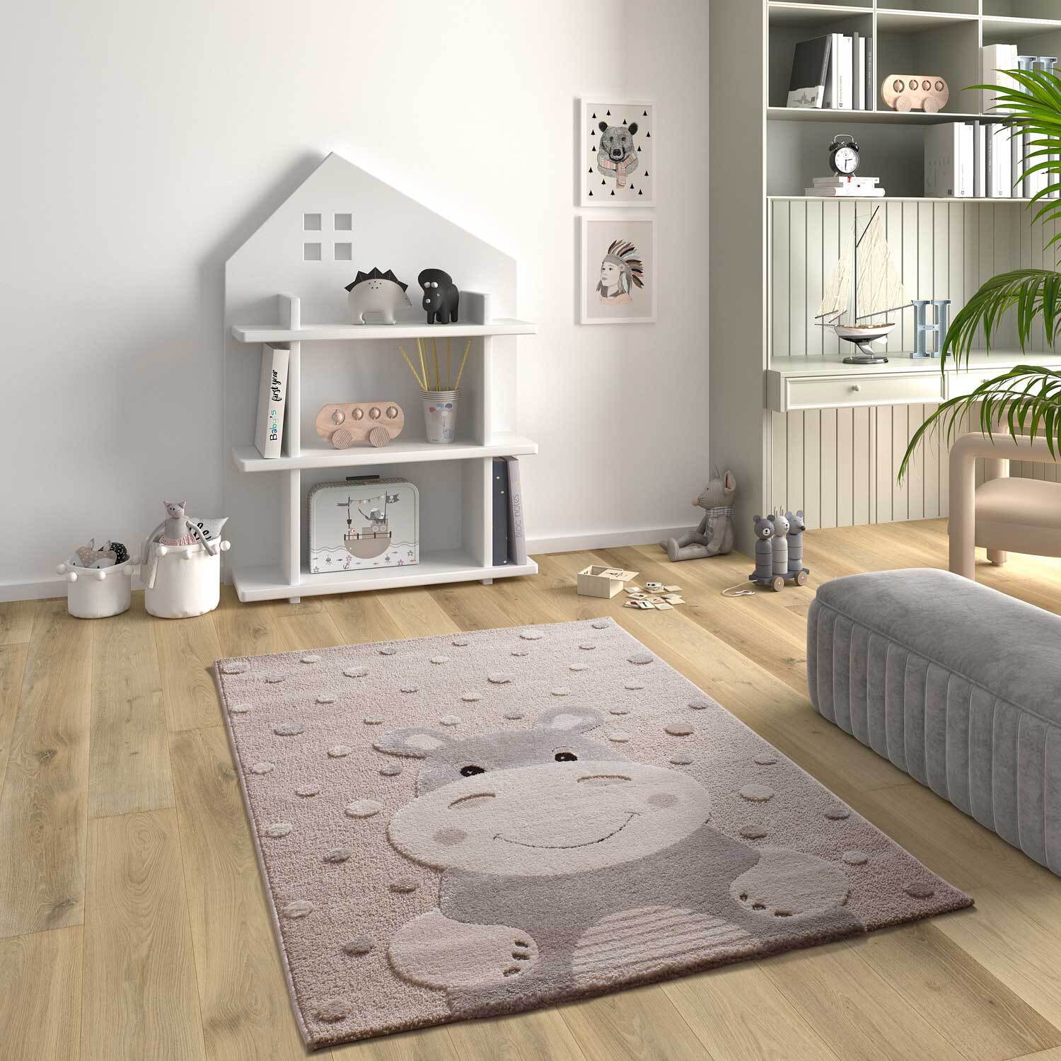 CLOWN Alfombra infantil con hipopótamo en color piedra, 120x170 cm