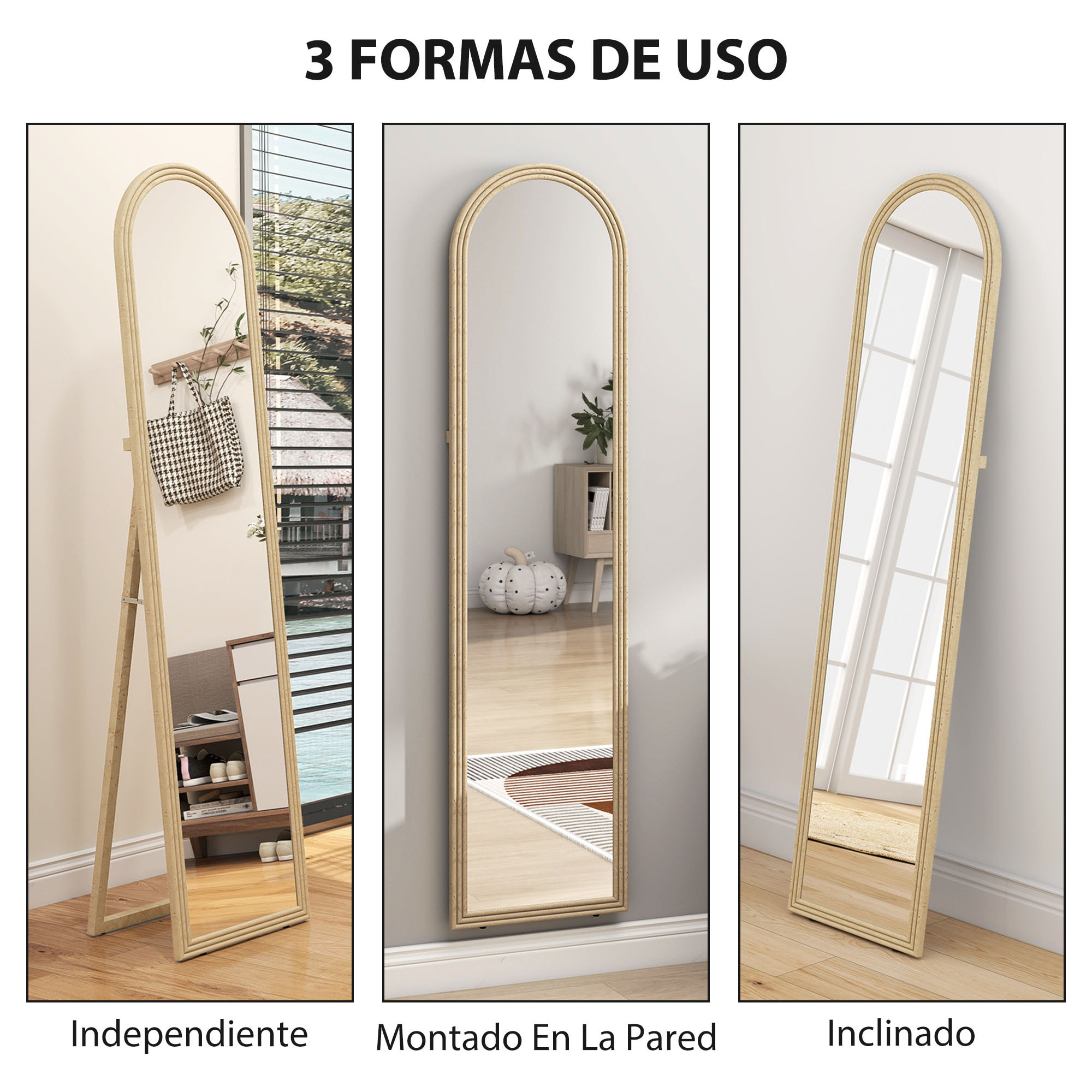 Espejo de Pie Cuerpo Entero 160x40 cm con Marco Efecto Piedra, Espejo de Pared Rectangular para Colgar con Soporte, 2 Formas de Uso, para Salón, Entrada y Dormitorio, Beige