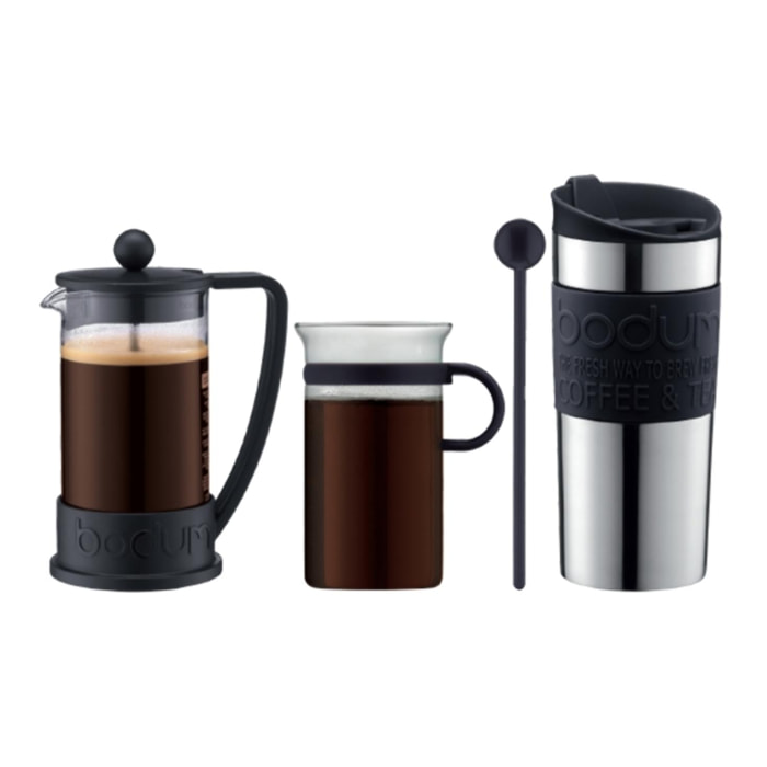 COFFEE SET: Cafetière à piston 3 tasses, 0.35 l, mug isotherme en inox, 0.35 l, tasse en verre 0.3 l et cuillère 20 cm 0.35 L
