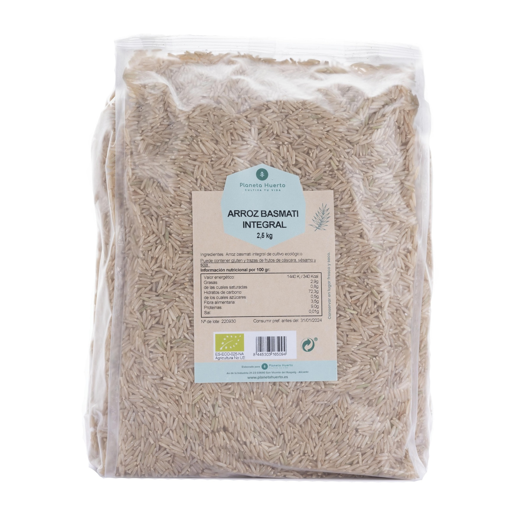 PLANETA HUERTO | Arroz Basmati Integral ECO 2,5 kg - Arroz Integral Ecológico, Rico en Fibra y Nutrientes Esenciales, Ideal para Platos Saludables