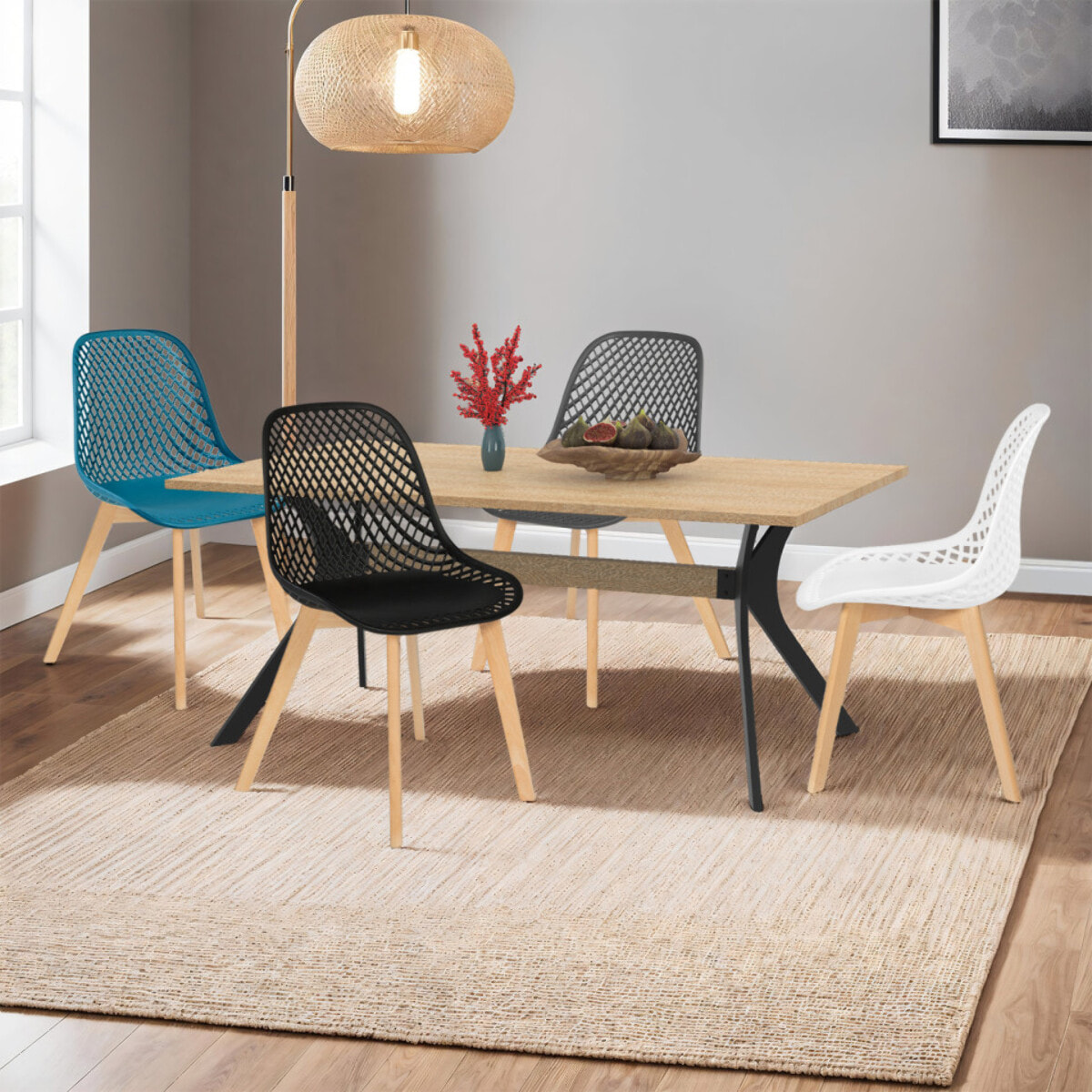 Chaises Maëlle ajourées mix couleurs (blanc, gris, noir et bleu canard) - lot de 4