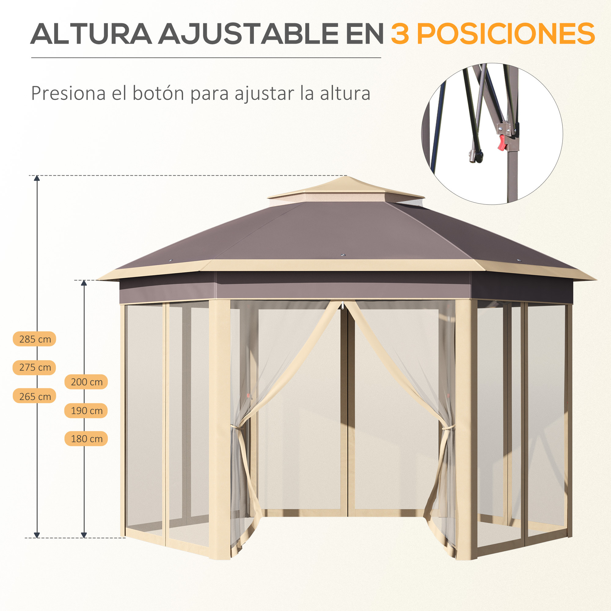 Carpa Plegable 4,05x3,4x2,85 m Cenador de Jardín Hexagonal con Doble Techo 6 Mosquiteras Desmontables Bolsa de Transporte Altura Ajustable en 3 Niveles y Anti-UV para Fiesta Patio Beige