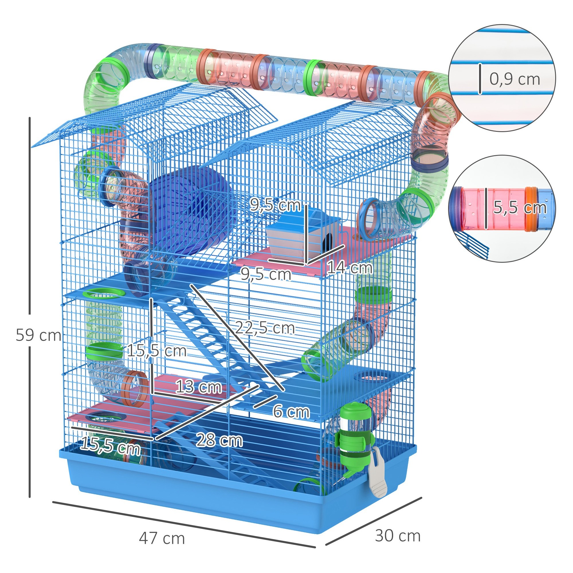 Cage pour hamster souris petits animaux rongeur avec tunnel mangeoire roue jouet 47 x 30 x 59 cm cm bleu