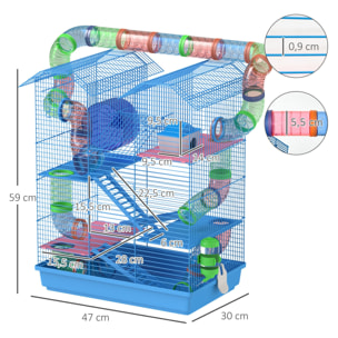 Cage pour hamster souris petits animaux rongeur avec tunnel mangeoire roue jouet 47 x 30 x 59 cm cm bleu