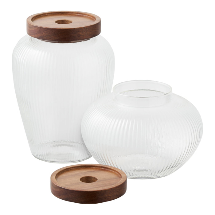 Barattoli Maya in vetro costolato e acacia — set da 2