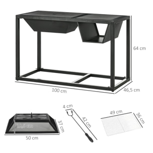 4 en 1 Brasero Exterior de Acero Galvanizado para Jardín Barbacoa de Leña Enfriador de Cubitos de Hielo Mesa de Jardín con Rejilla Protector de Chispas y Atizador 100x46,5x64 cm Negro