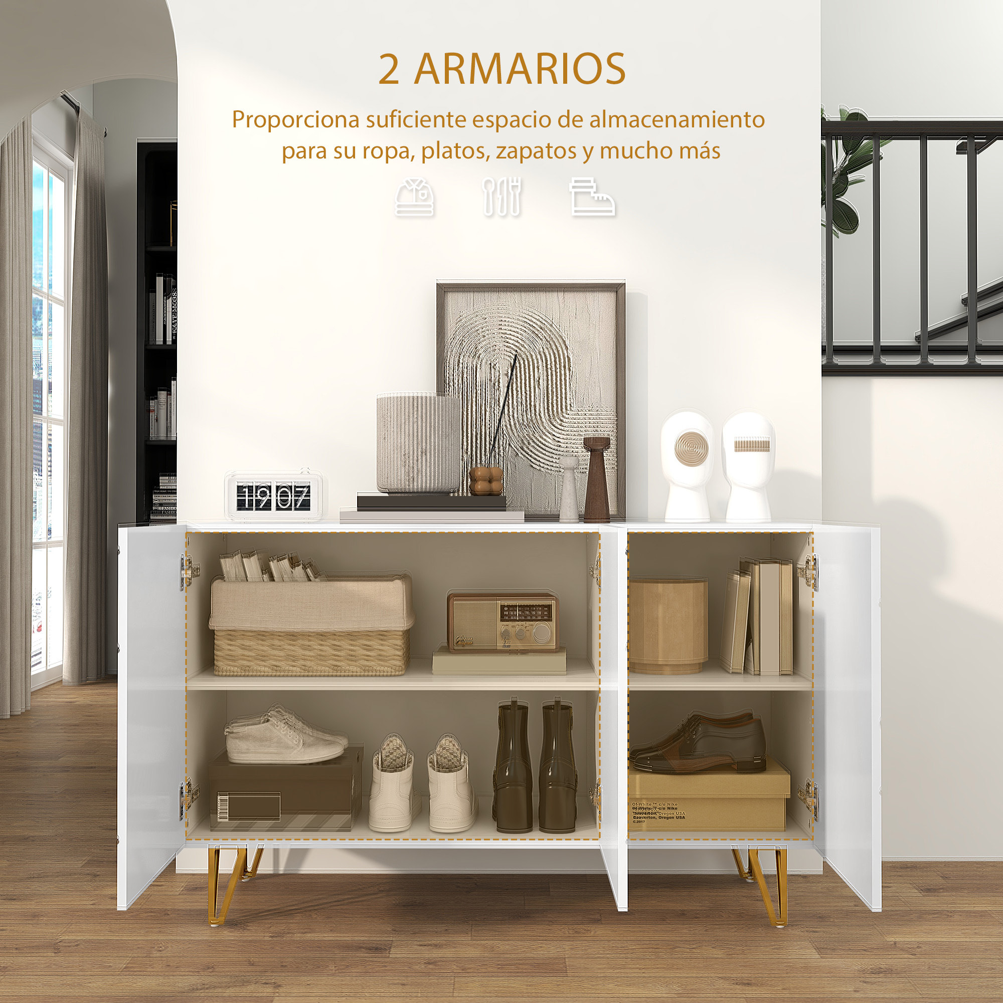 Aparador para Salón Aparador de Entrada con 3 Puertas y Estantes Ajustables Armario de Almacenamiento para Cocina Sala 120x40x75 cm Blanco Brillante