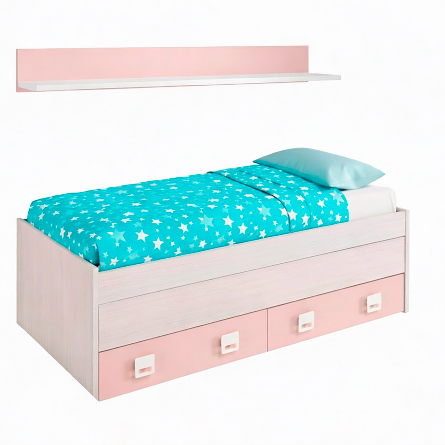 Letto Con Letto Estraibile 2 Cassetti E Mensola Letto Salvaspazio Contenitore Cameretta Bambini Ragazzi 65 x 199 x 96 Cm Bianco Alpi e Rosa