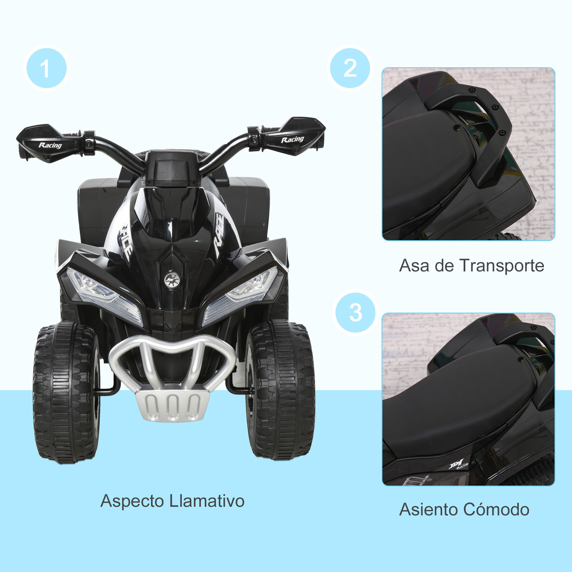 Quad Correpasillos Coche Correpasillos para Niños de 18-36 Meses con Función de Luces y Música Soporta hasta 20 kg 67,5x38x44 cm Negro