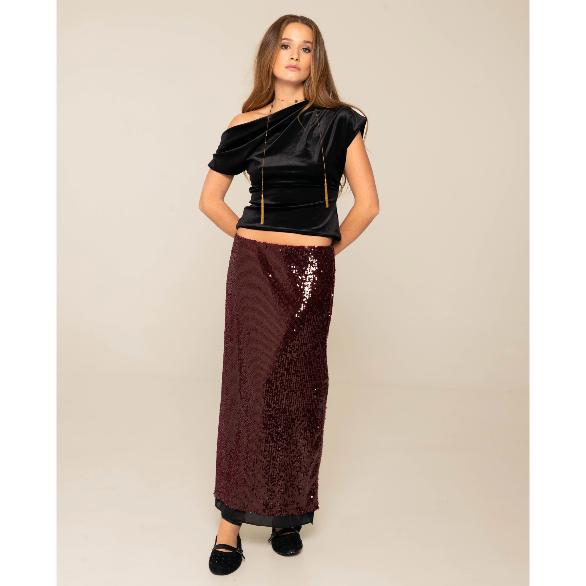 Falda recta de lentejuelas con forro de gasa de mujer