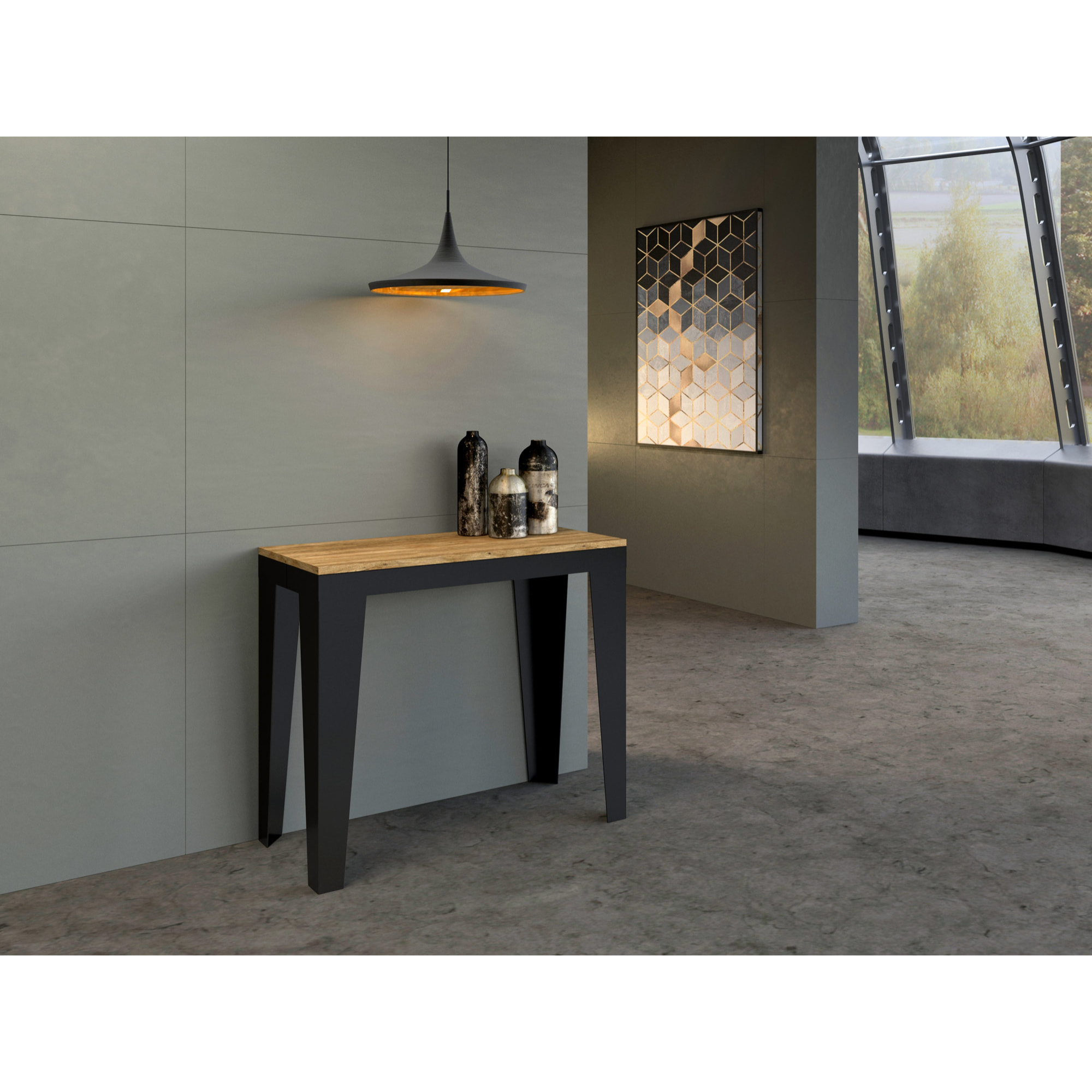 Console extensible 90x40/300 cm Flame Evolution Chêne Nature cadre Anthracite