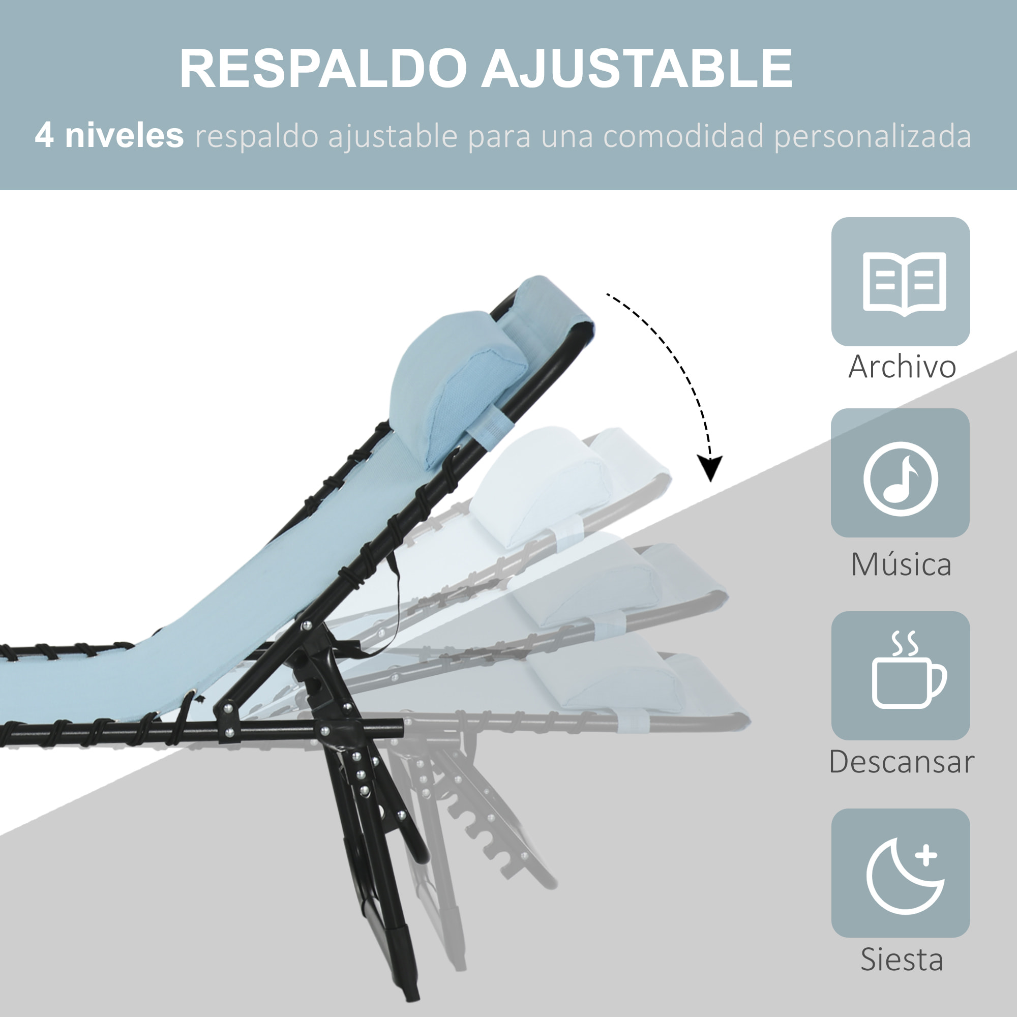 Tumbona Plegable, Tumbona Jardín Exterior Reclinable 4 Posiciones con Reposacabezas y Marco de Acero, Carga 120 kg, para Terraza, Piscina, Playa, 189x58x30 cm, Verde Azulado