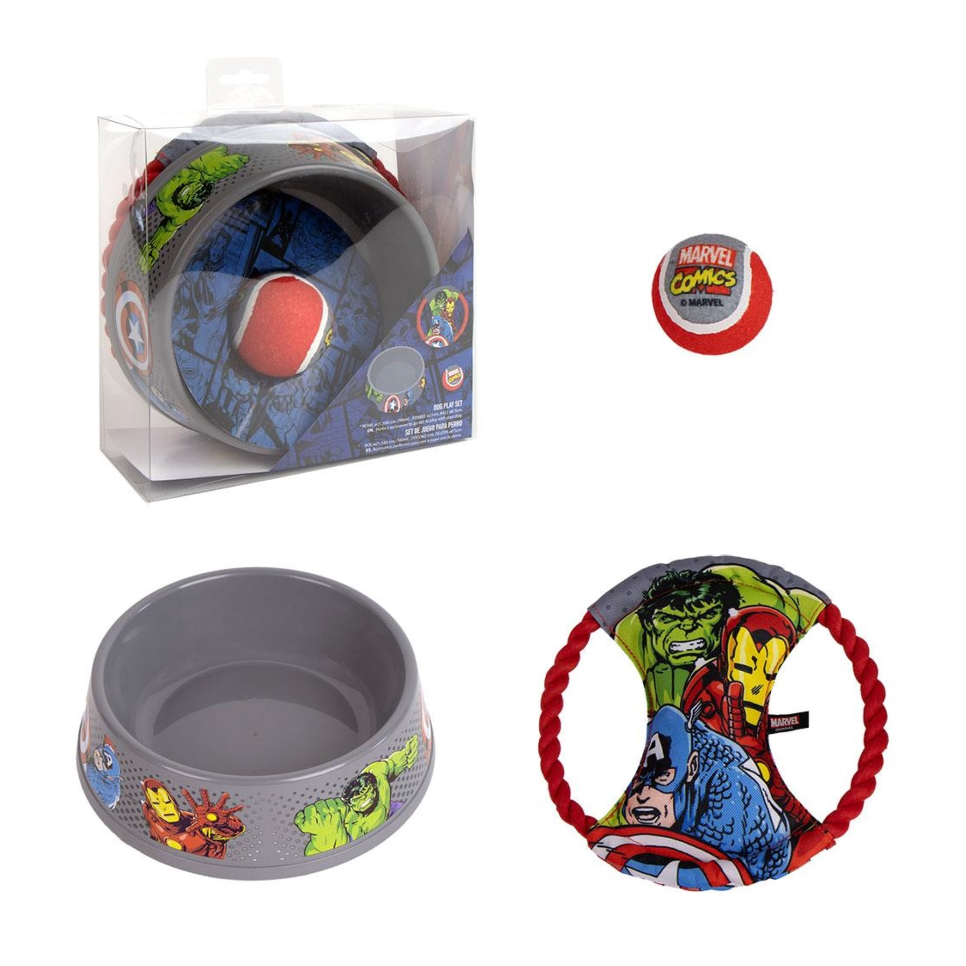 Set para mascota con juguete diseño marvel