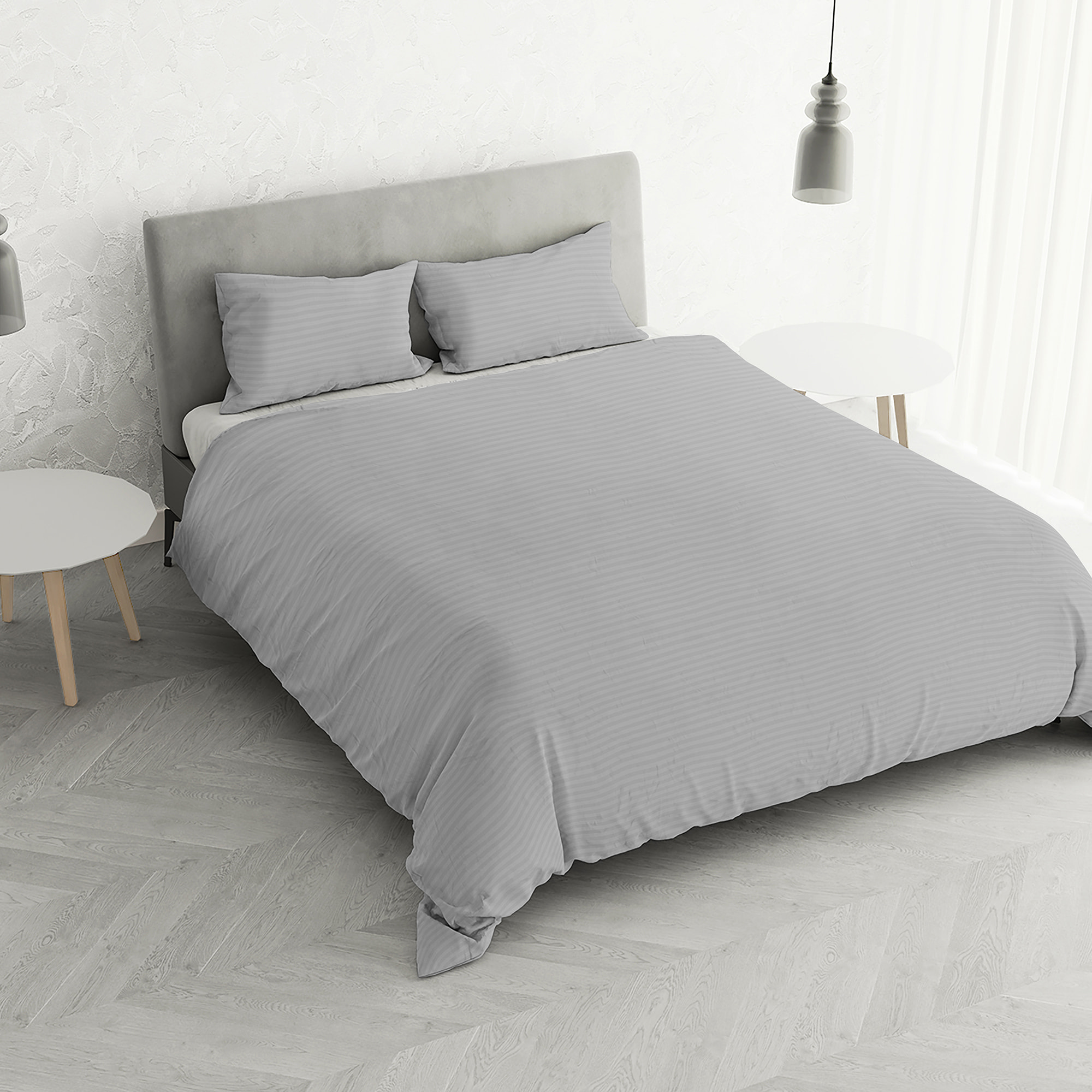 PARURE COPRIPIUMINO SATIN STRIPES, 100% Raso di Poliestere, Made in Italy, No Stiro - GRIGIO