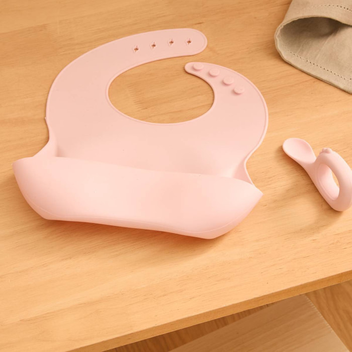 Set bavoir et cuillère Yum silicone rose