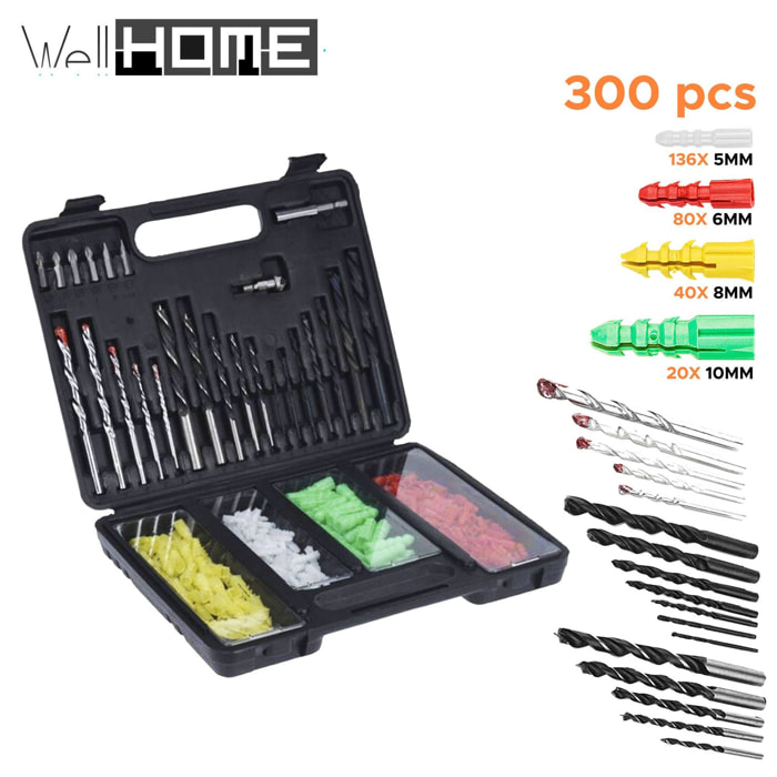 Well home set de 300pc de brocas de taladro y tacos