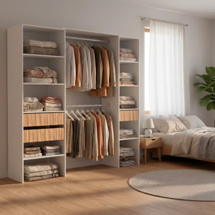 Armadio Guardaroba Aperto Con Ripiani Regolabili 3 Cassetti Doppio Appendiabiti In Alluminio Mobile Multiuso 190 x 187 x 40 Cm Bianco E Rovere Listato