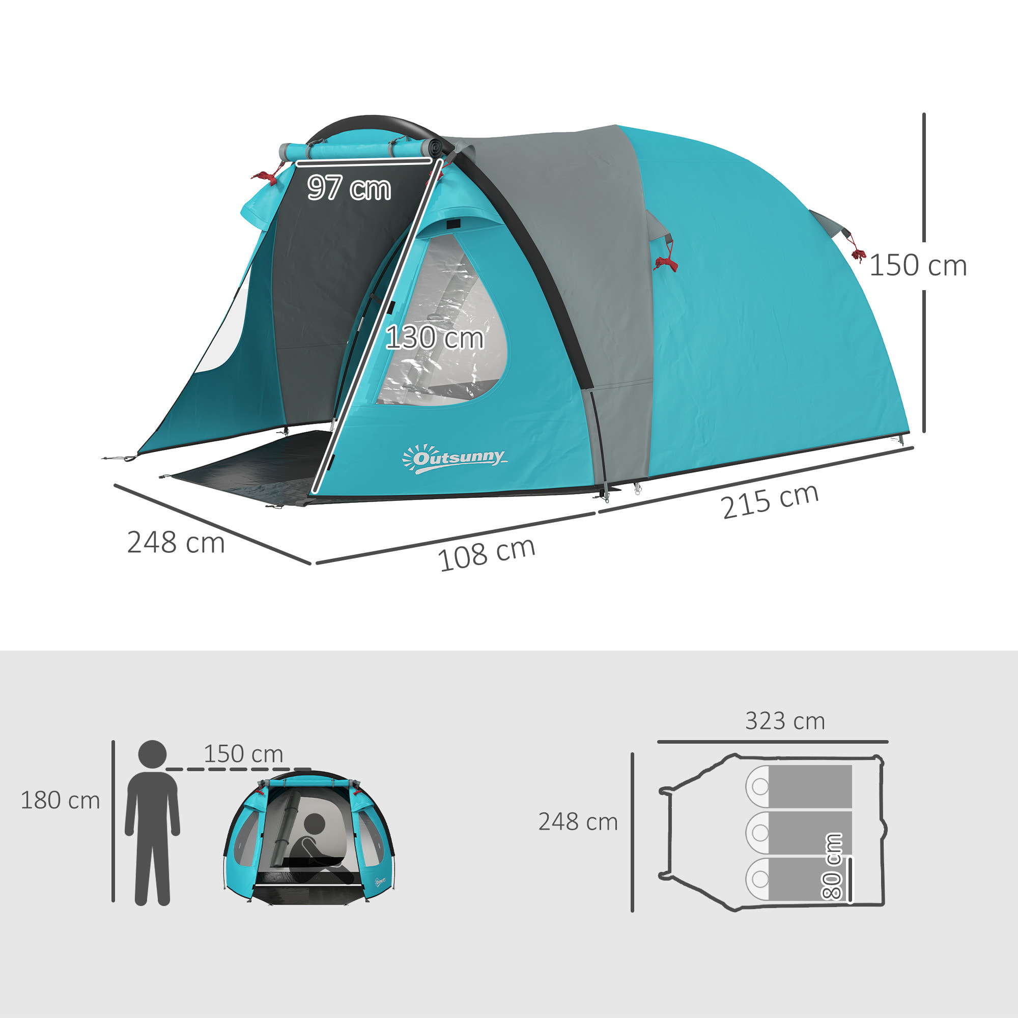 Tente de camping 2-4 personnes - tente dôme familiale imperméable - sac de transport inclus bleu