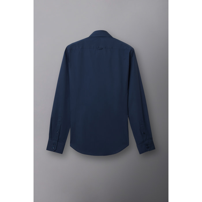 Camicia Uomo 2 Bottoni Button Down Slim Popeline Stretch Unito Blu