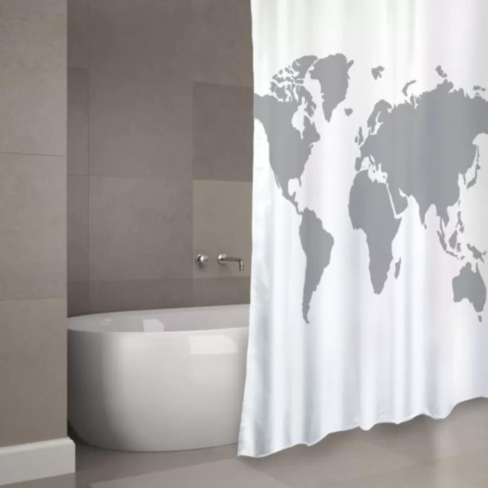 Rideau de douche Polyester WORLD 180x200cm QUALITà PREMIUM Gris & Blanc - Anneaux inclus MSV