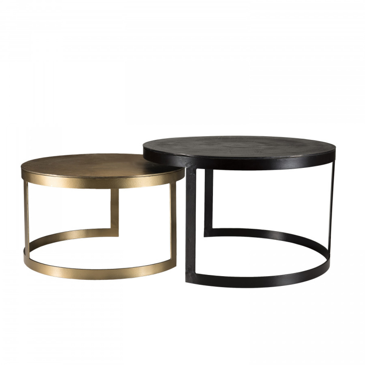 JONAS - Set de 2 tables gigognes ceinturées rondes aluminium noir doré - pieds métal demi-cercle