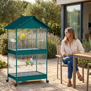 Cage à oiseaux mobile - volière grande taille - séparateur amovible - métal - 94x70x158 cm - vert