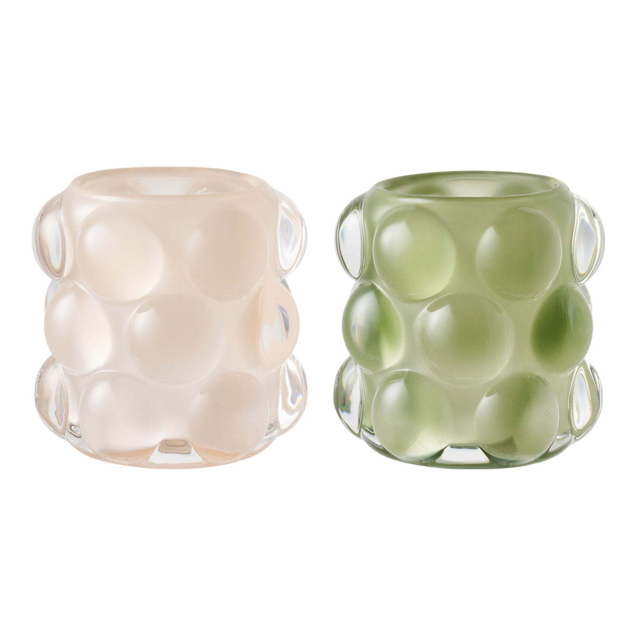 Set 2 portacandele in vetro beige e verde con texture a bolle ø8,5x8 cm